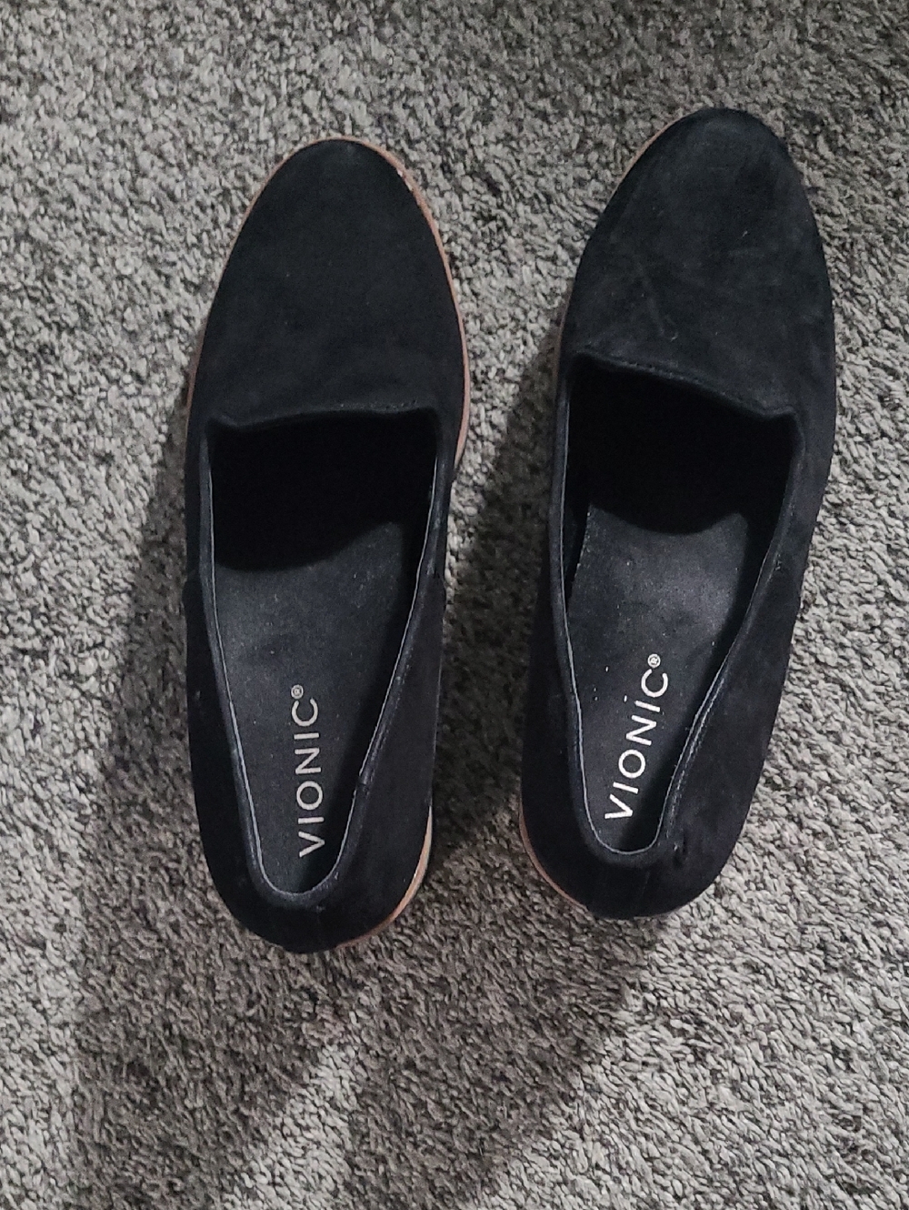 Vionic Black Suede Slip-On Loafers with Brown Sole Trim
